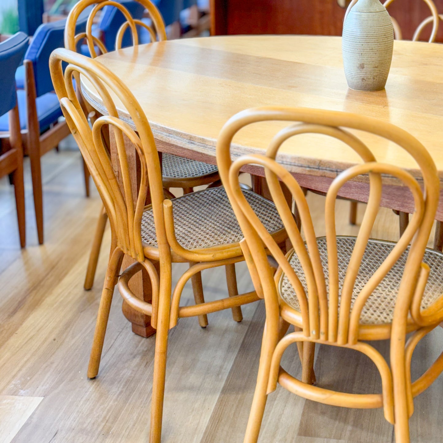 Tasmanian Oak dining table and six bentwood chairs