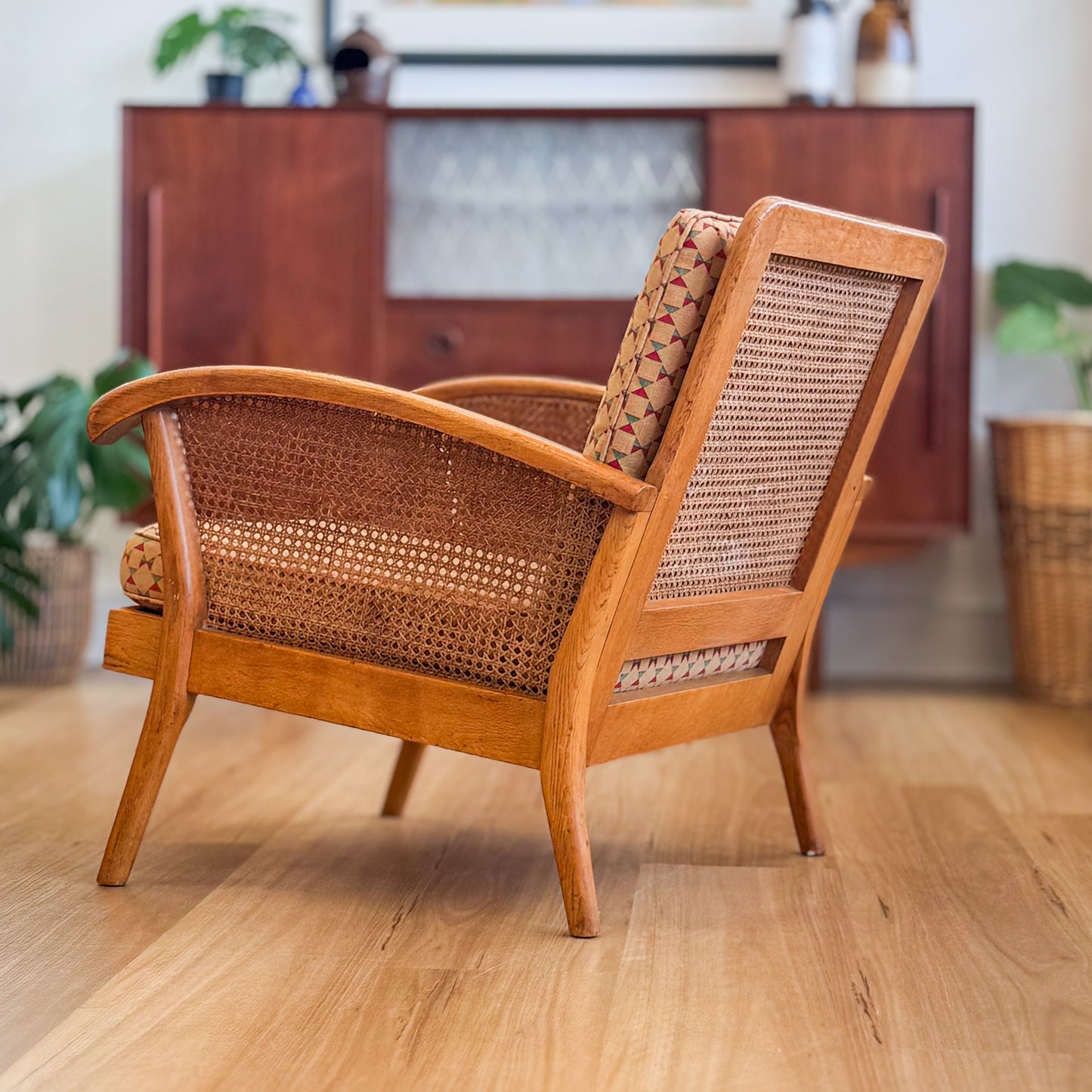 Mid century oak armchair with rattan inserts