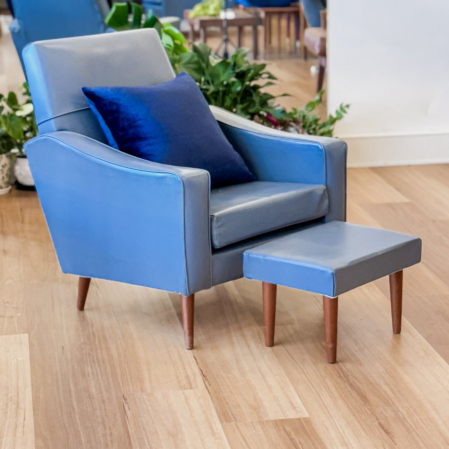 Blue Vinyl armchair and matching footstool