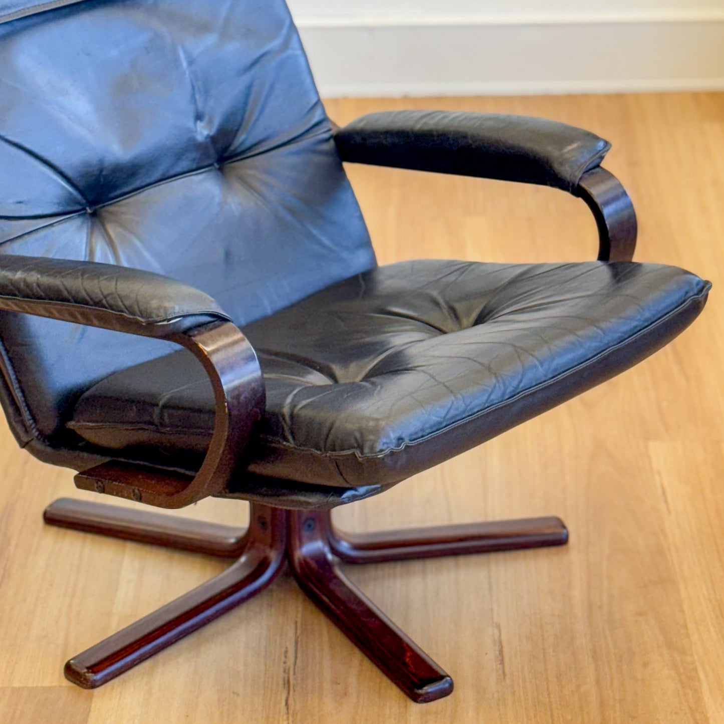 Danish Swivel Black Leather Bentwood Armchair