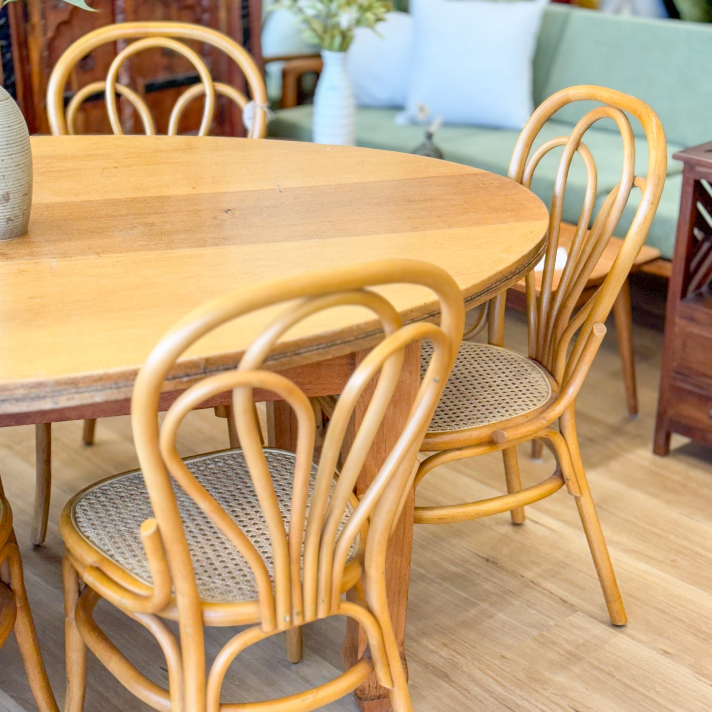 Tasmanian Oak dining table and six bentwood chairs