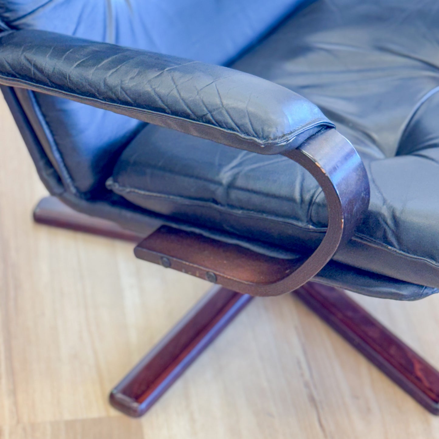 Danish Swivel Black Leather Bentwood Armchair