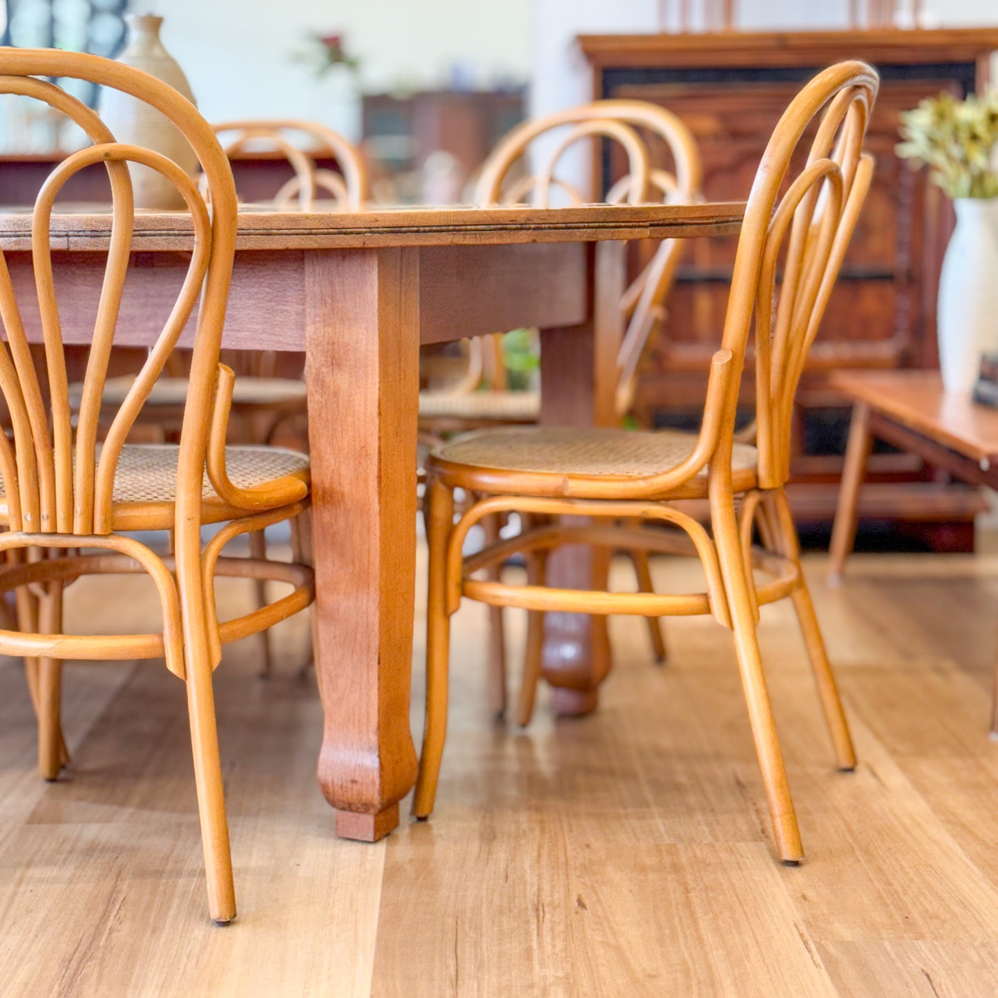 Tasmanian Oak dining table and six bentwood chairs