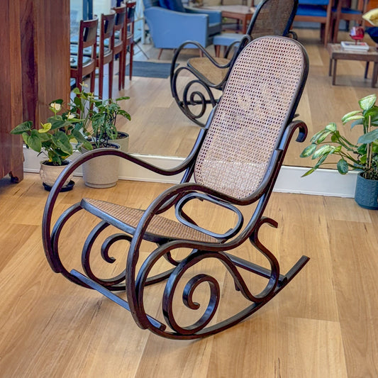 Vintage bentwood and cane rocking chair with rattan seating