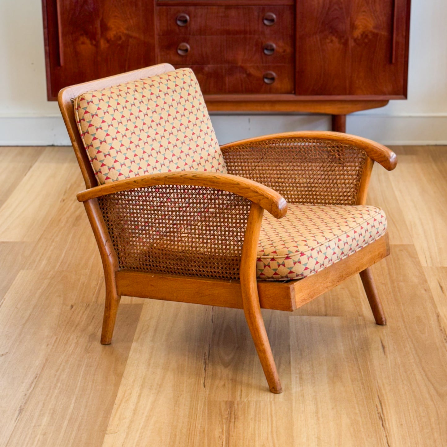 Mid century oak armchair with rattan inserts