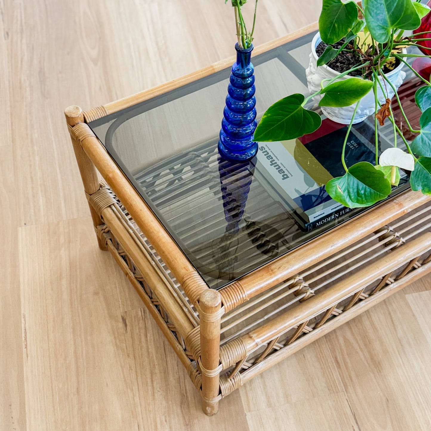 Vintage cane Smokey glass top coffee table