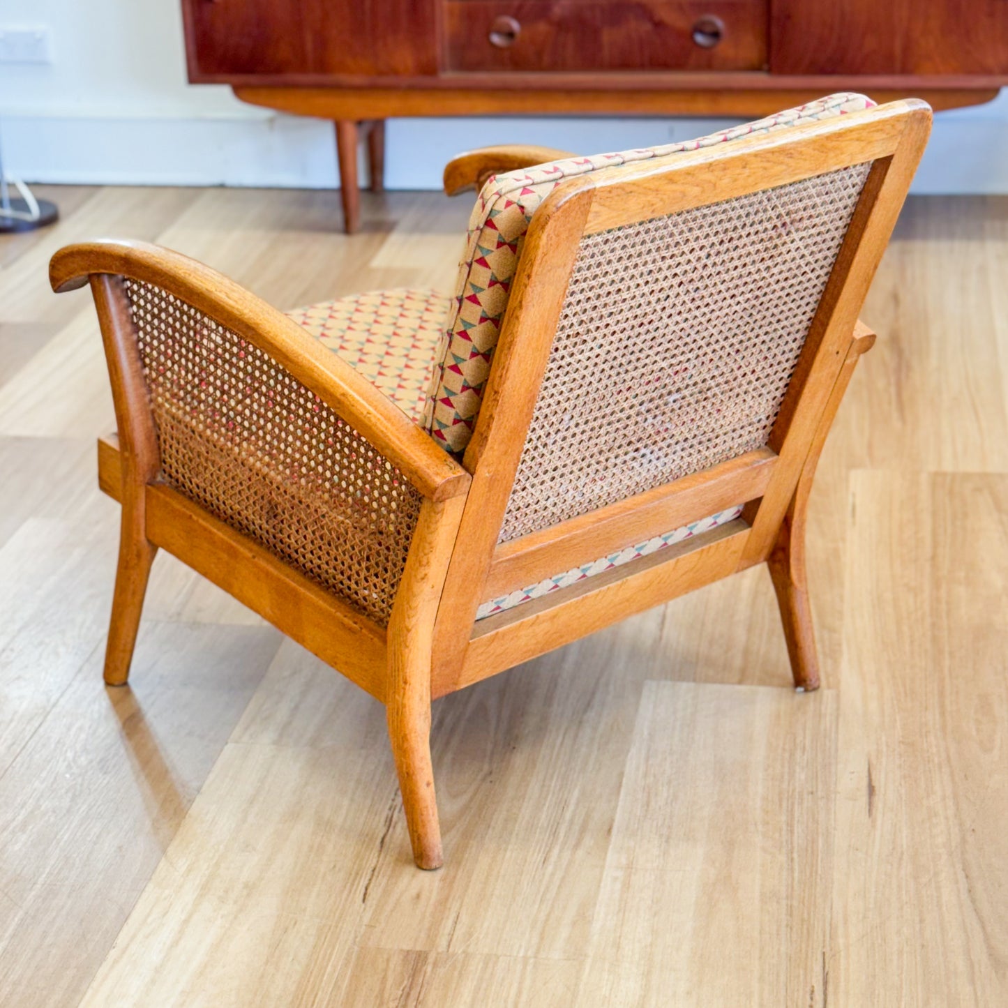 Mid century oak armchair with rattan inserts