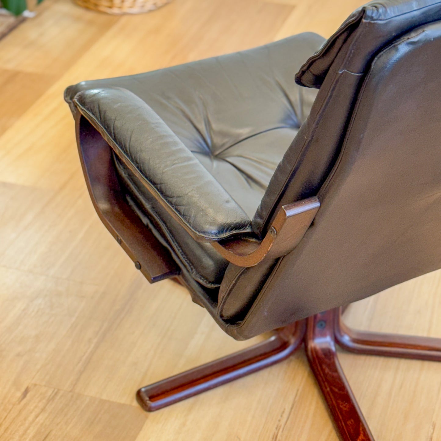 Danish Swivel Black Leather Bentwood Armchair