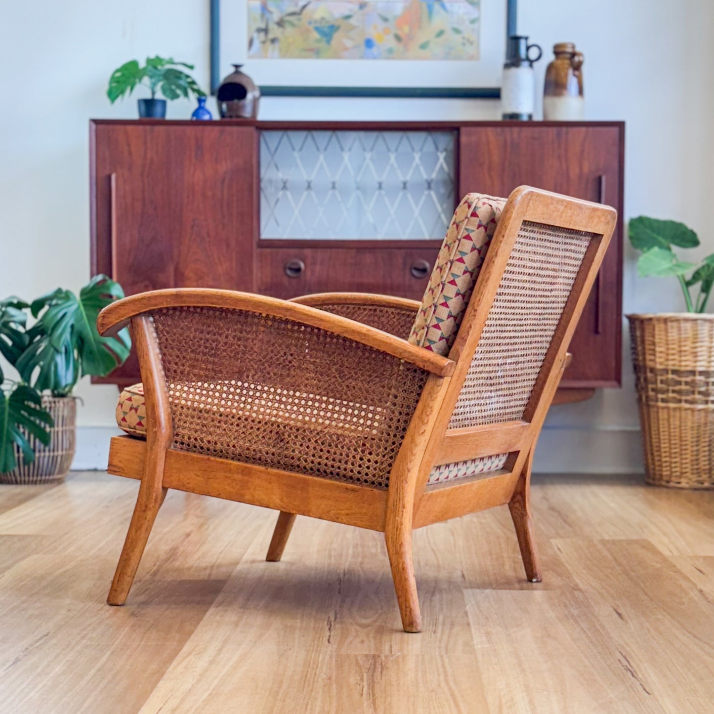 Mid century oak armchair with rattan inserts