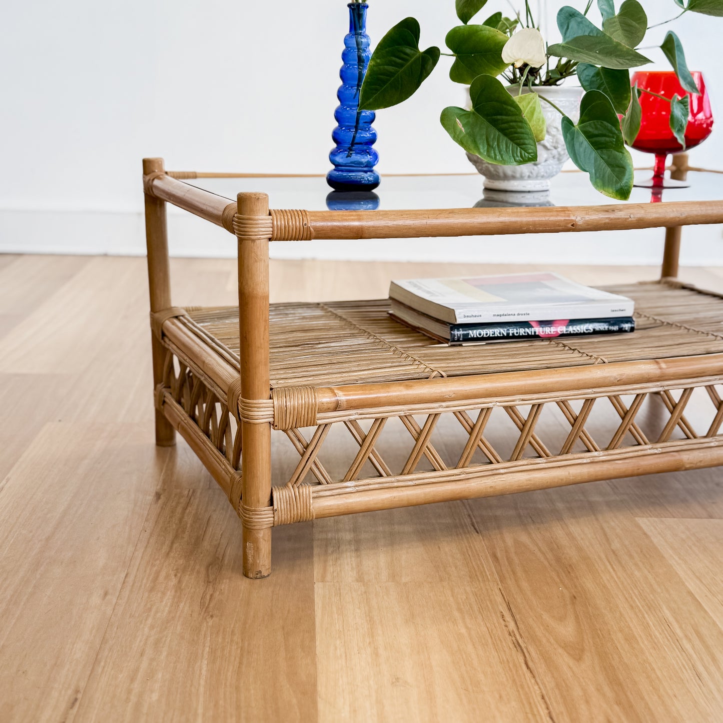 Vintage cane Smokey glass top coffee table