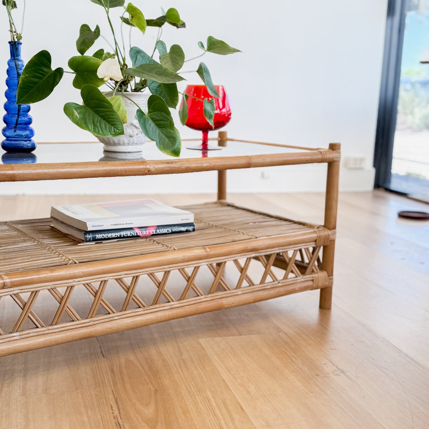 Vintage cane Smokey glass top coffee table