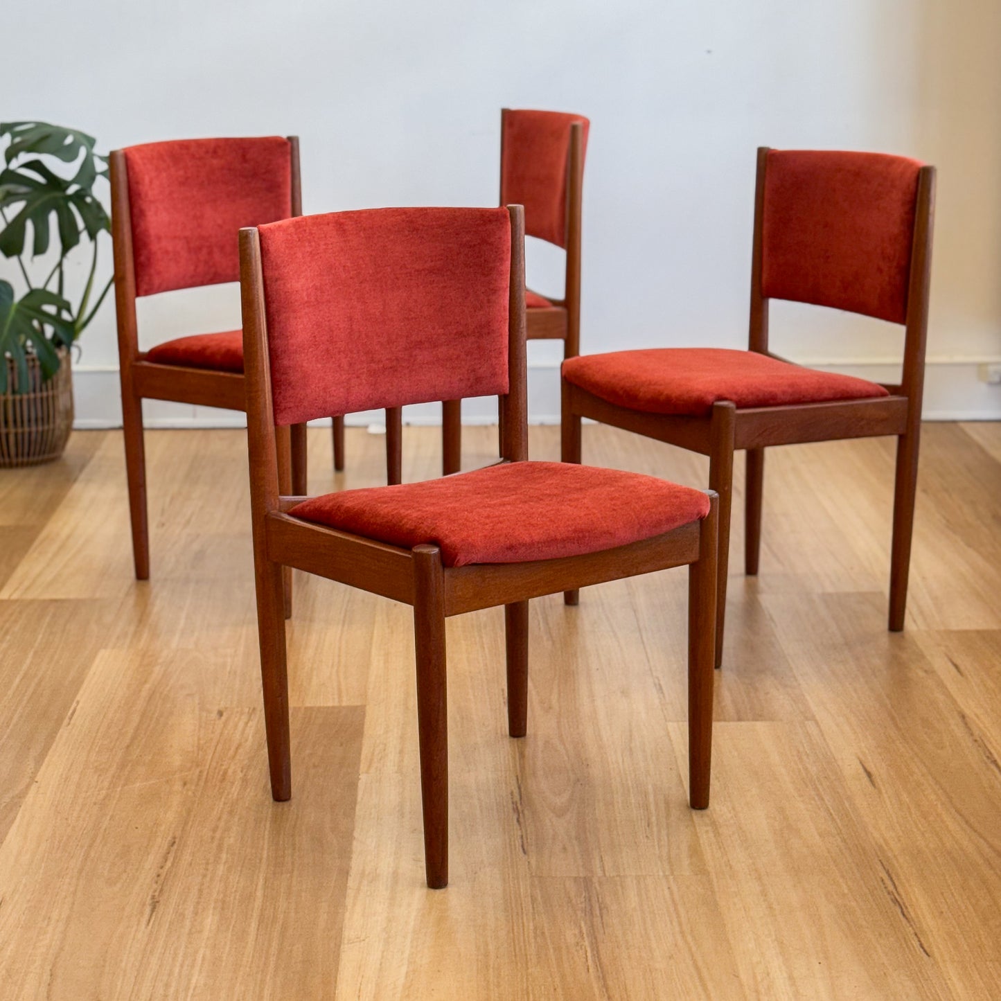 Set of 4 1970s teak dining chairs with new upholstery