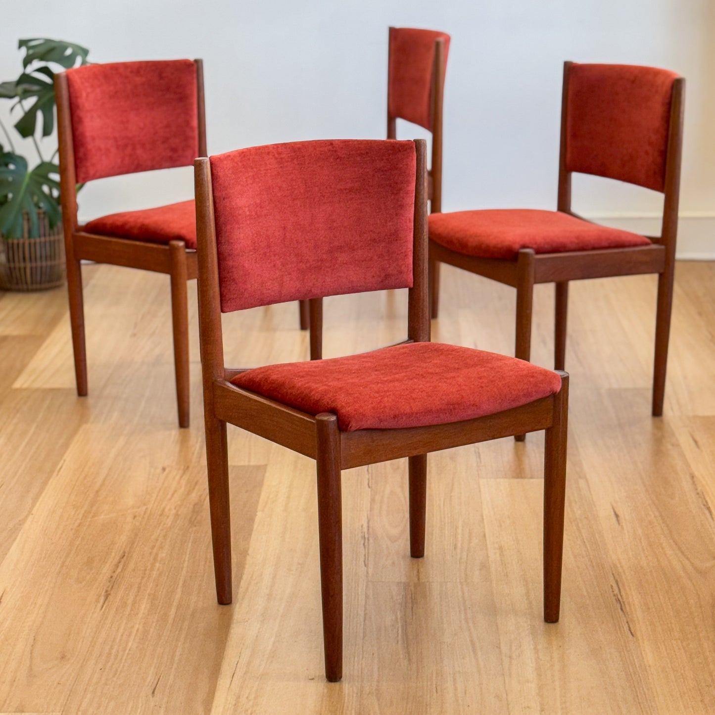 Set of 4 1970s teak dining chairs with new upholstery