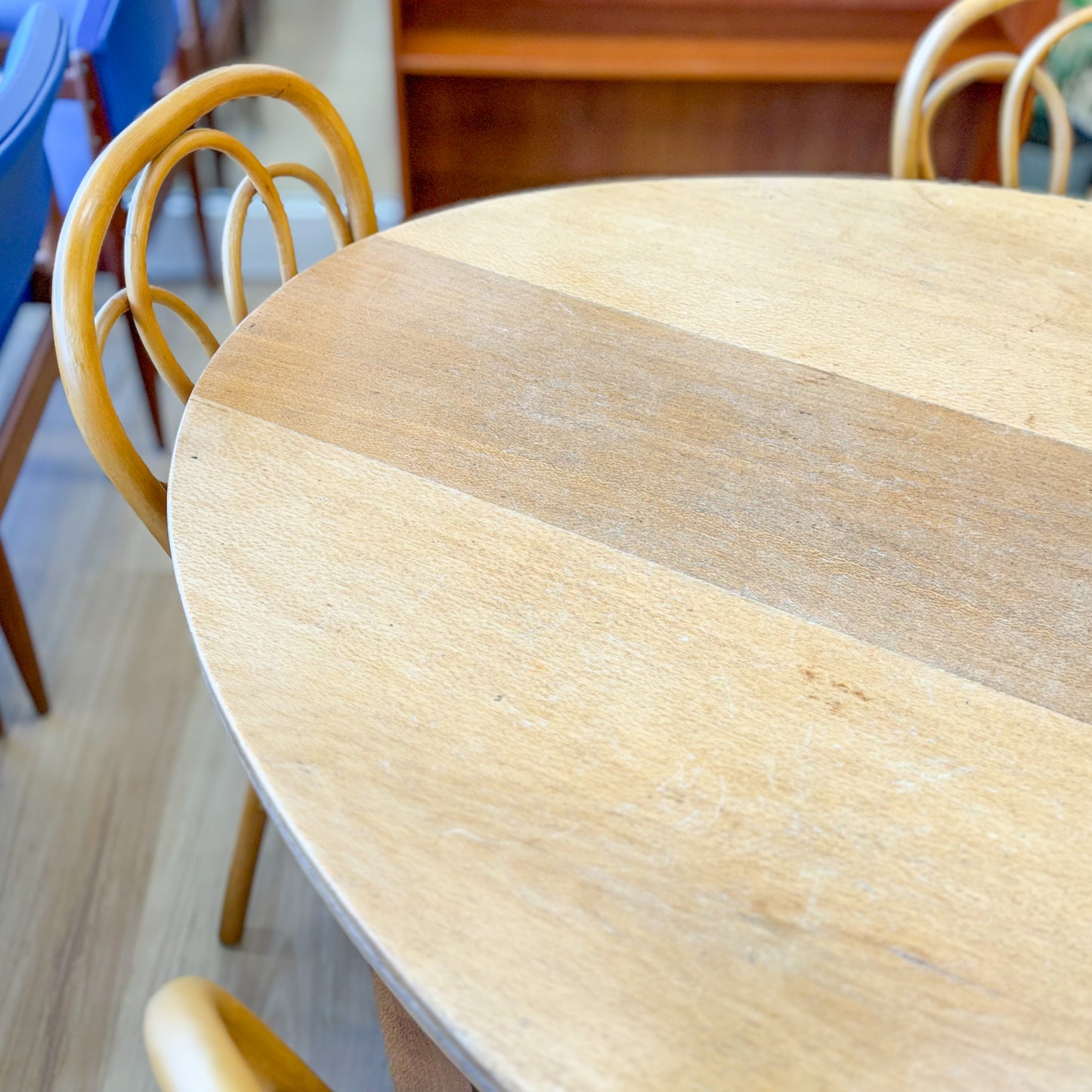 Tasmanian Oak dining table and six bentwood chairs