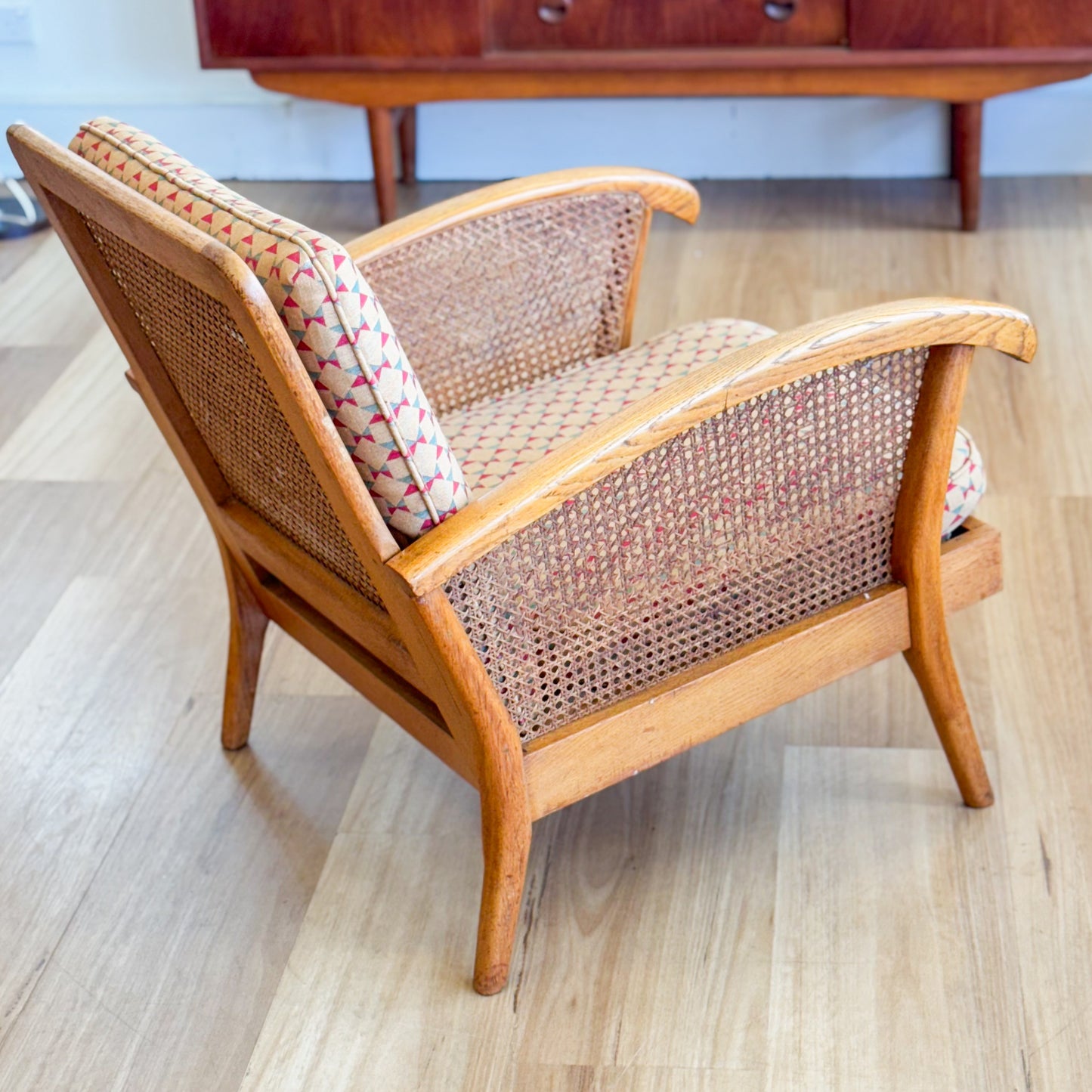 Mid century oak armchair with rattan inserts