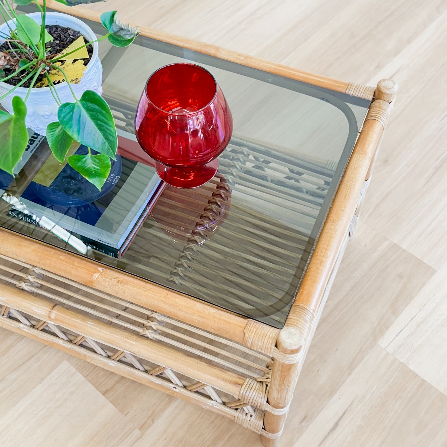 Vintage cane Smokey glass top coffee table