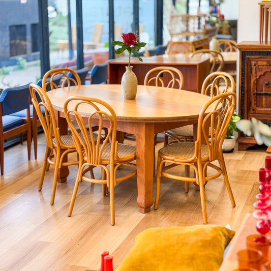 Tasmanian Oak dining table and six bentwood chairs