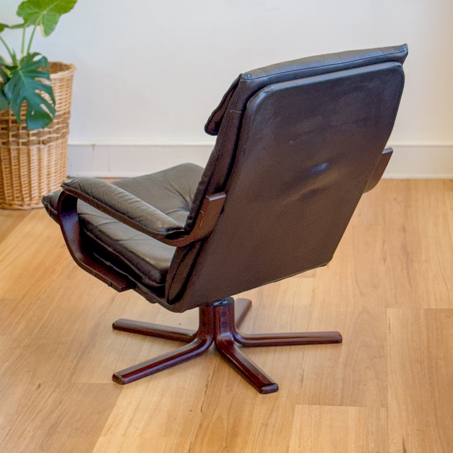 Danish Swivel Black Leather Bentwood Armchair