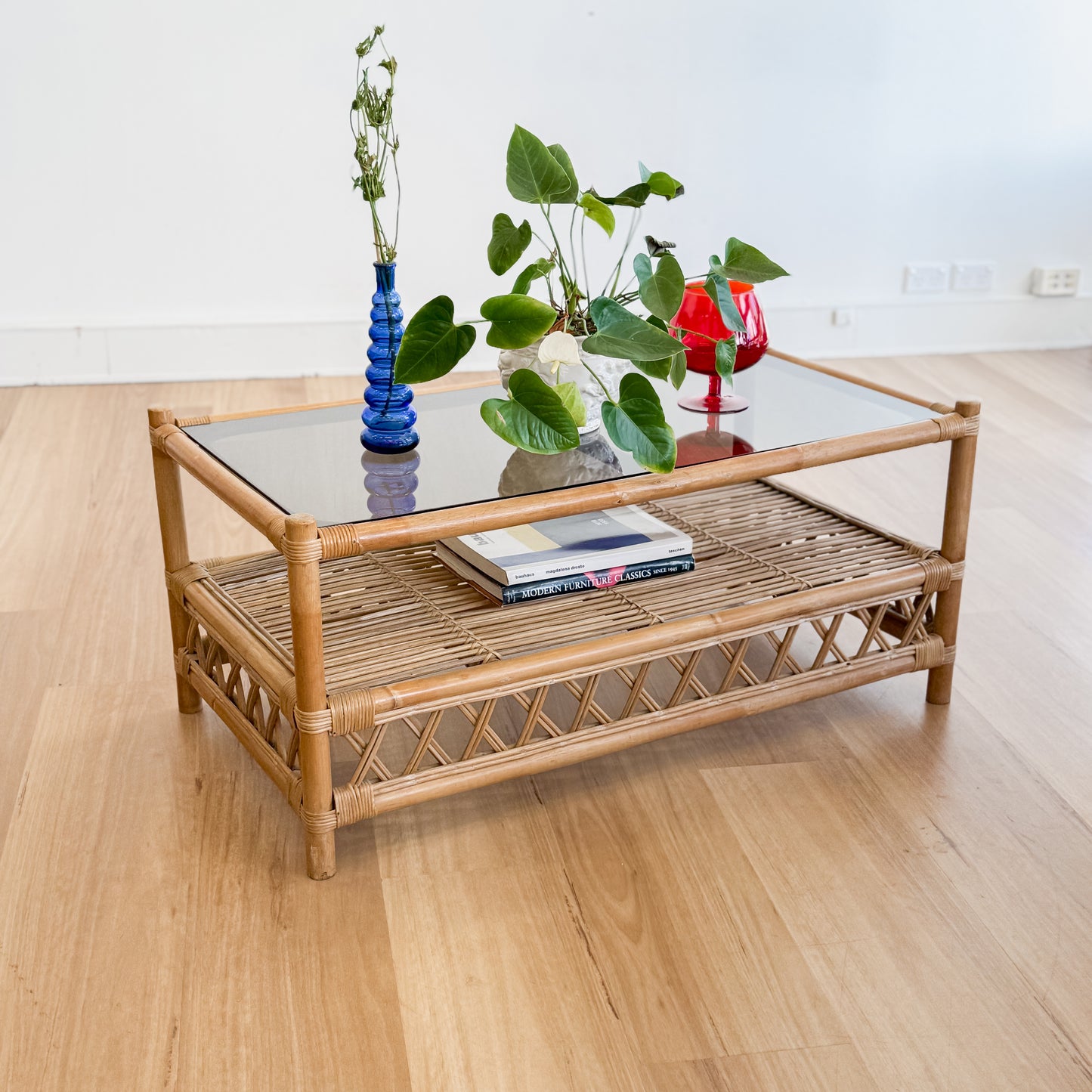 Vintage cane Smokey glass top coffee table