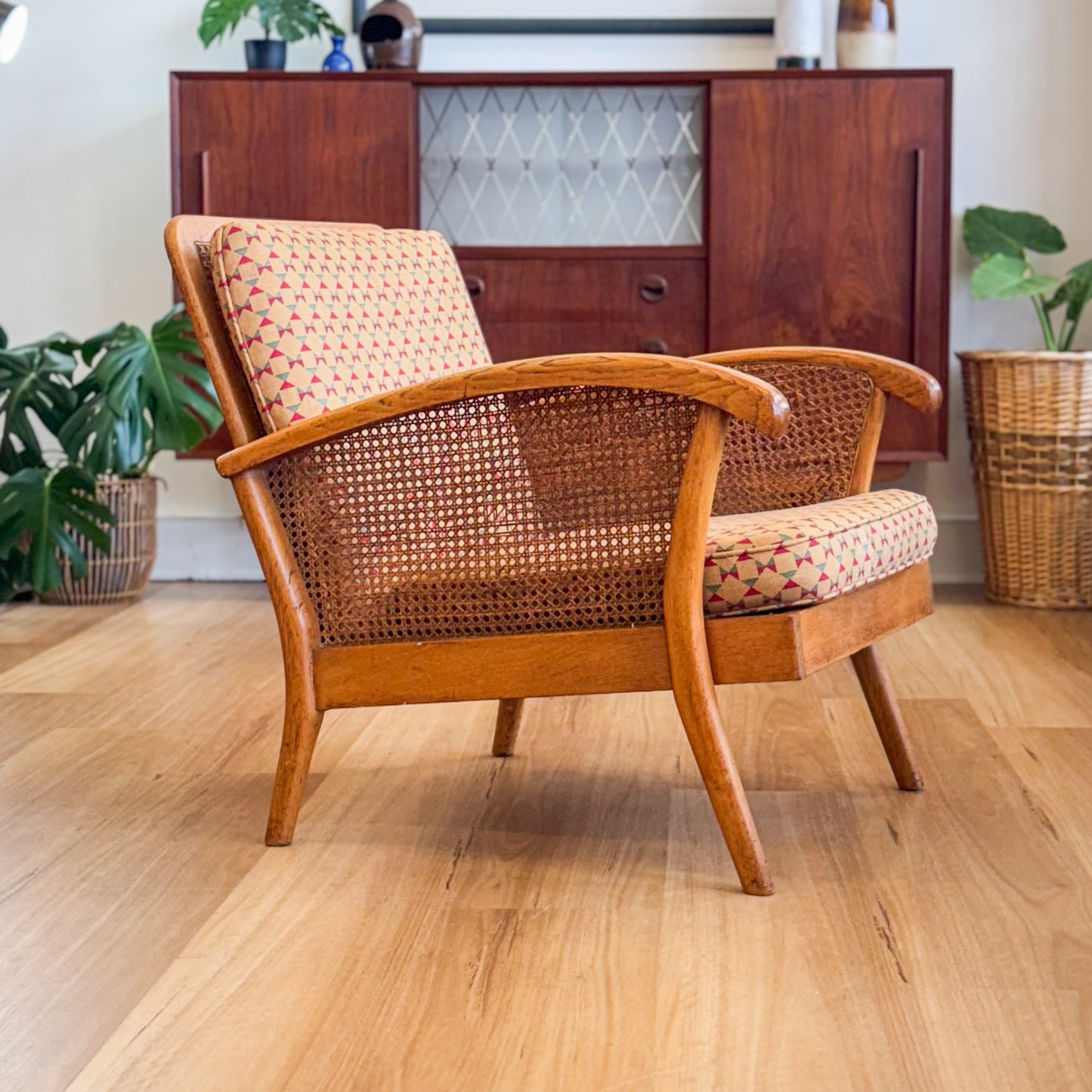 Mid century oak armchair with rattan inserts