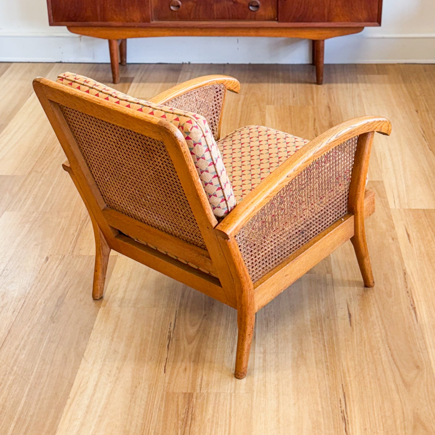 Mid century oak armchair with rattan inserts