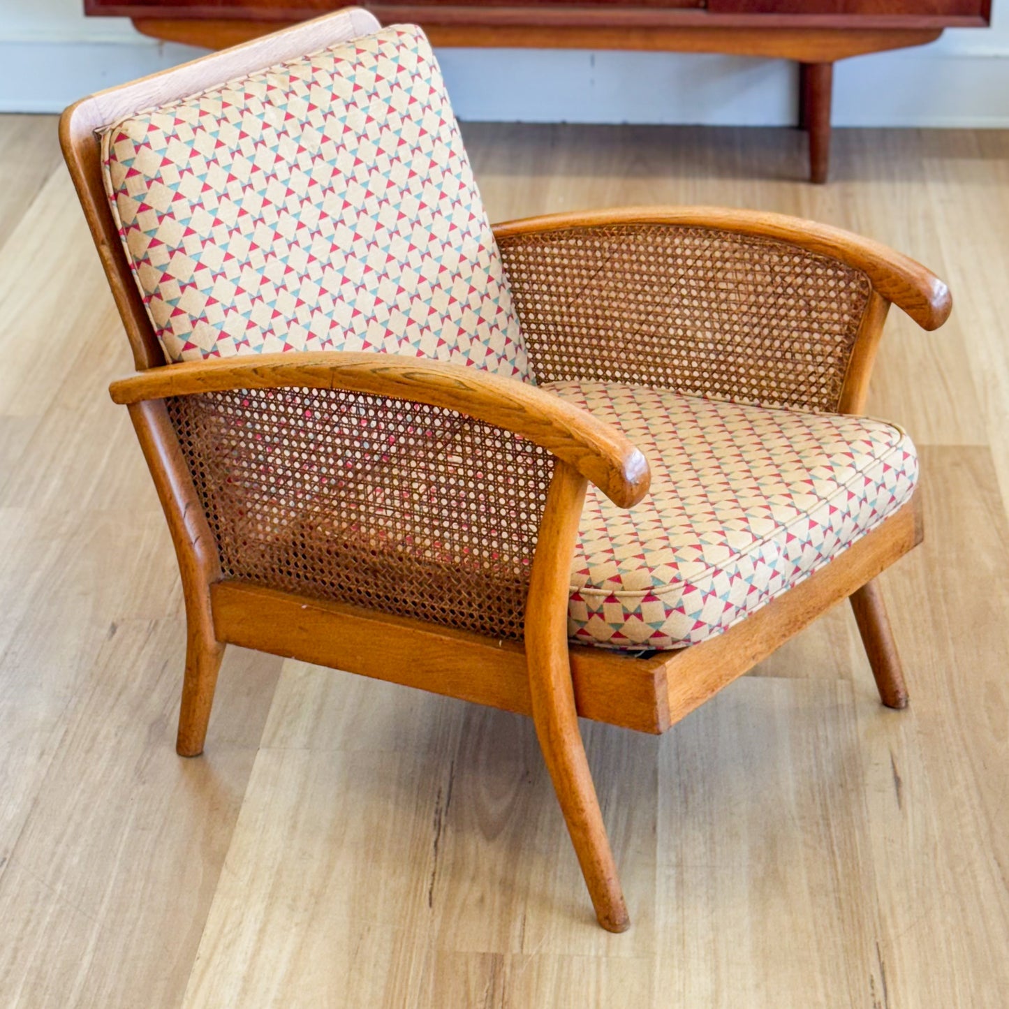 Mid century oak armchair with rattan inserts