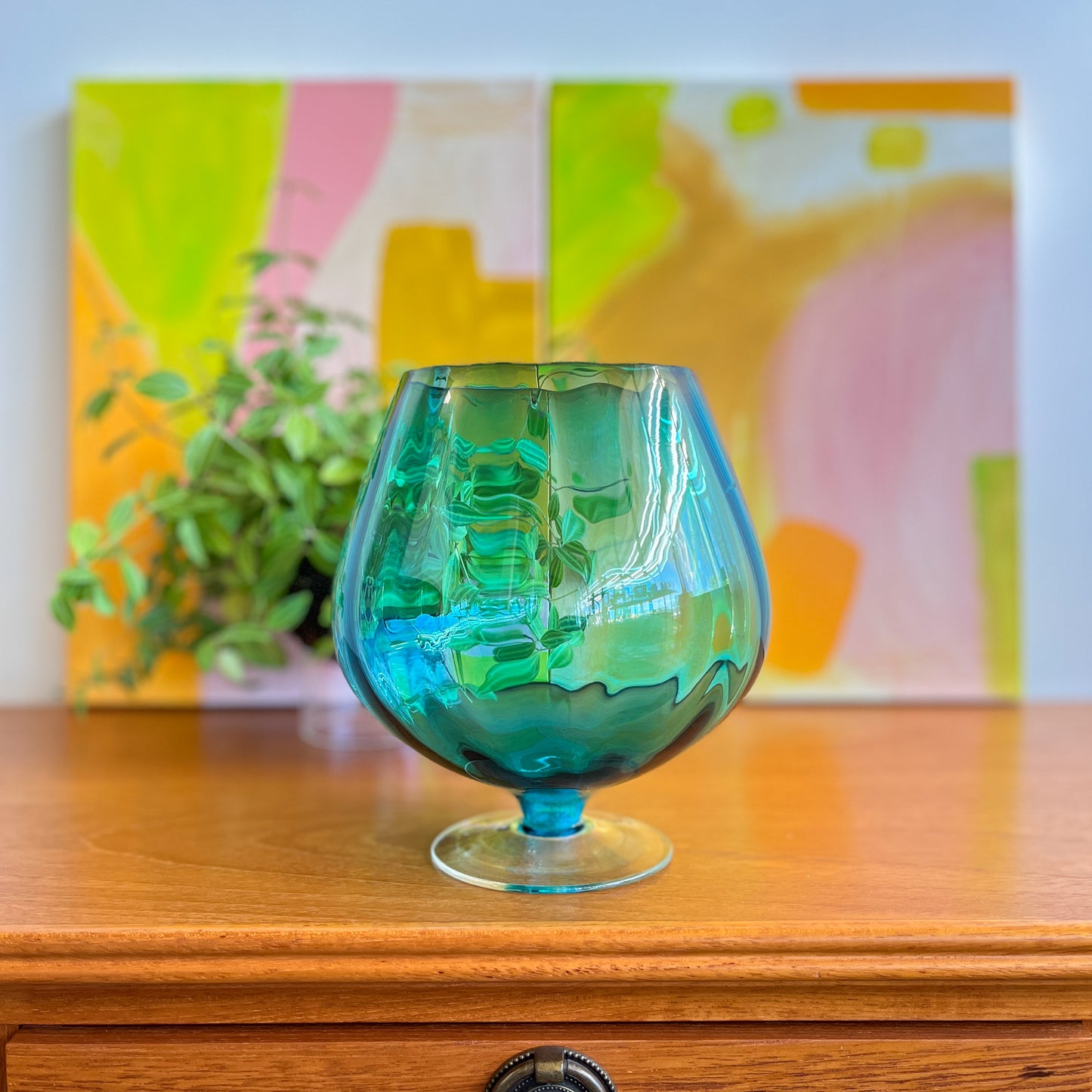 Teal vintage hand-blown brandy sniffer / vase / glassware