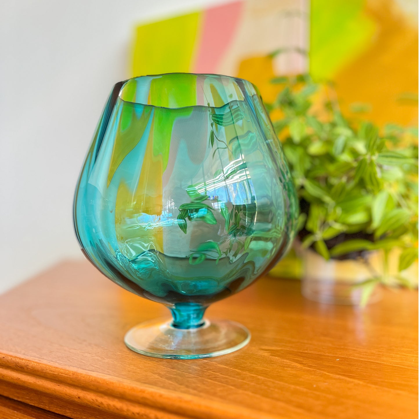 Teal vintage hand-blown brandy sniffer / vase / glassware